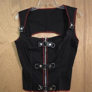 NWOT Phaze Clothing Black Zipper Top w D ring Buckles and Red Stitching